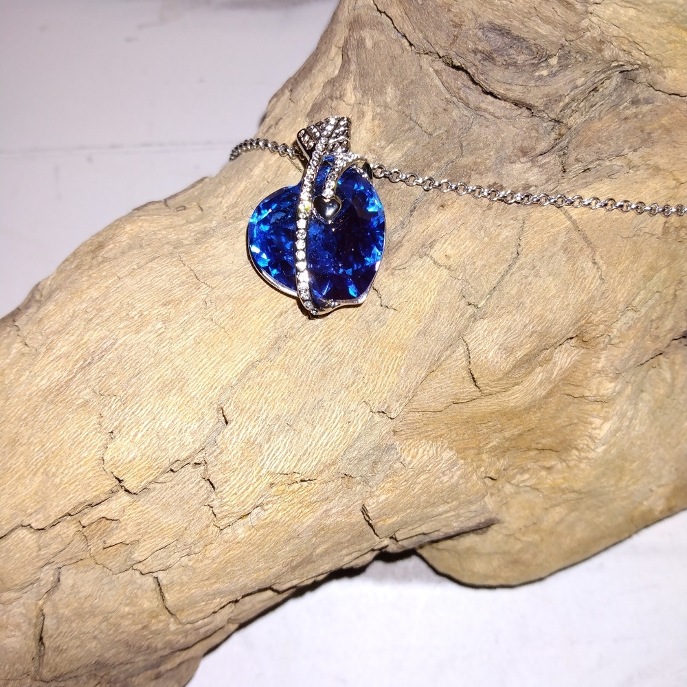 2 for $10 Caperci lab created blue sapphire heart necklace, "Cupids arrow".